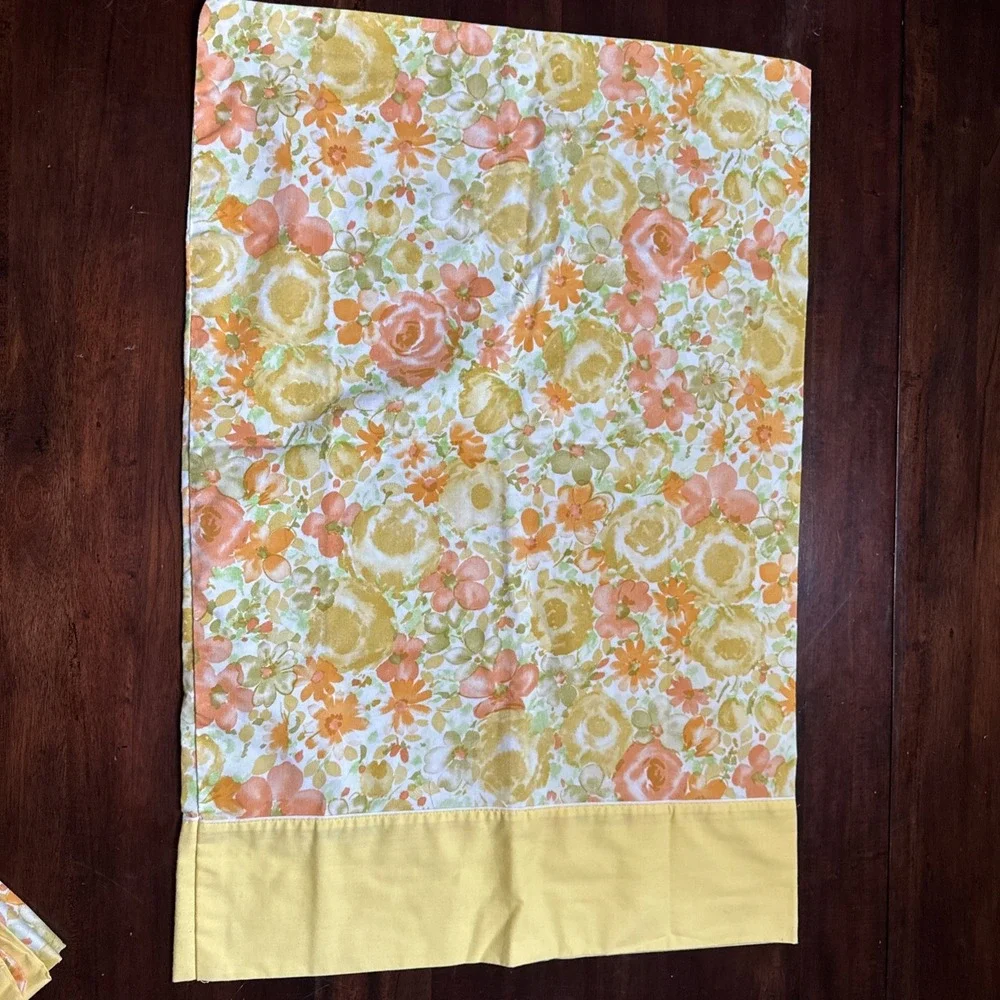 Vintage 60s 70s STANDARD Pillowcases Utica Stevens Yellow Peach Floral Set of 2